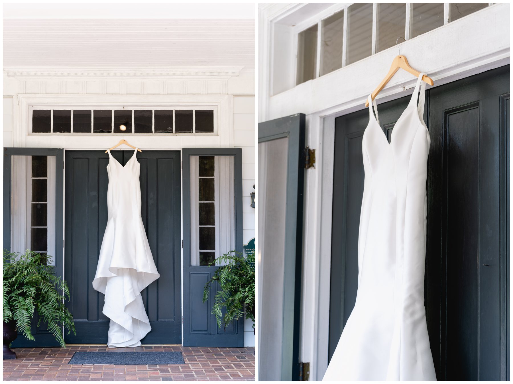 wedding dress hanging on Merango door,