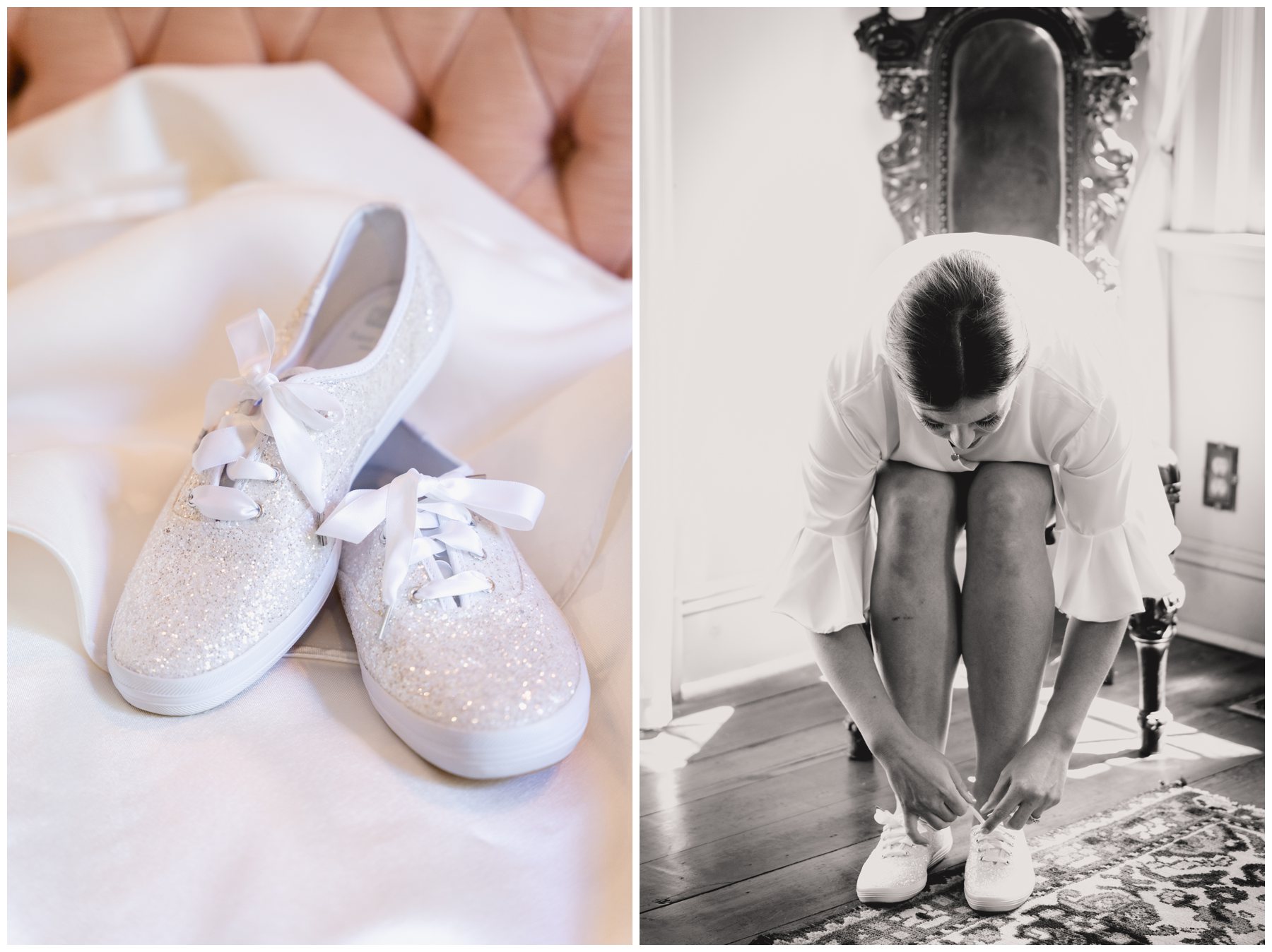 Keds shoes resting on wedding dress,