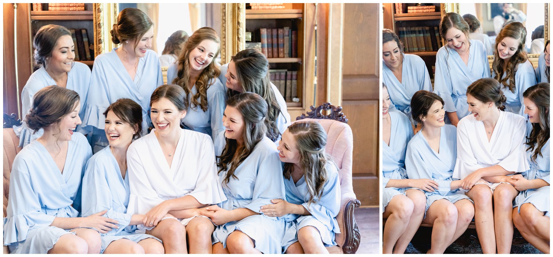 bride and bridesmaids laughing on couch inside Merango House,