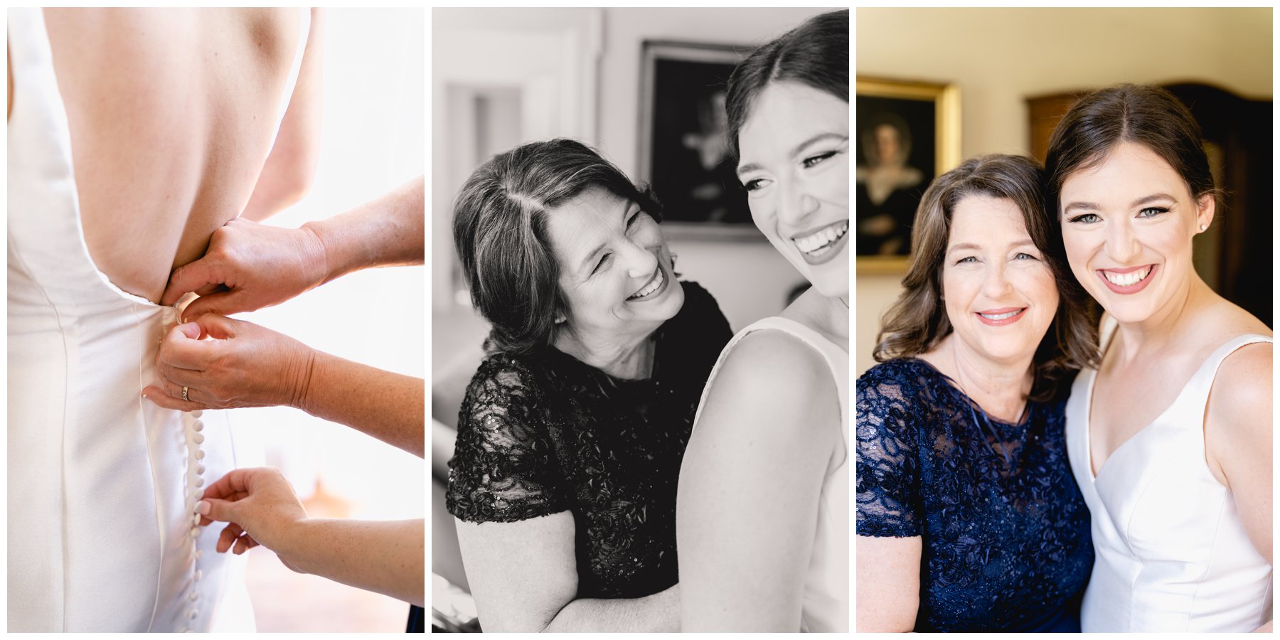 mother of bride and matron of honor tying dress,