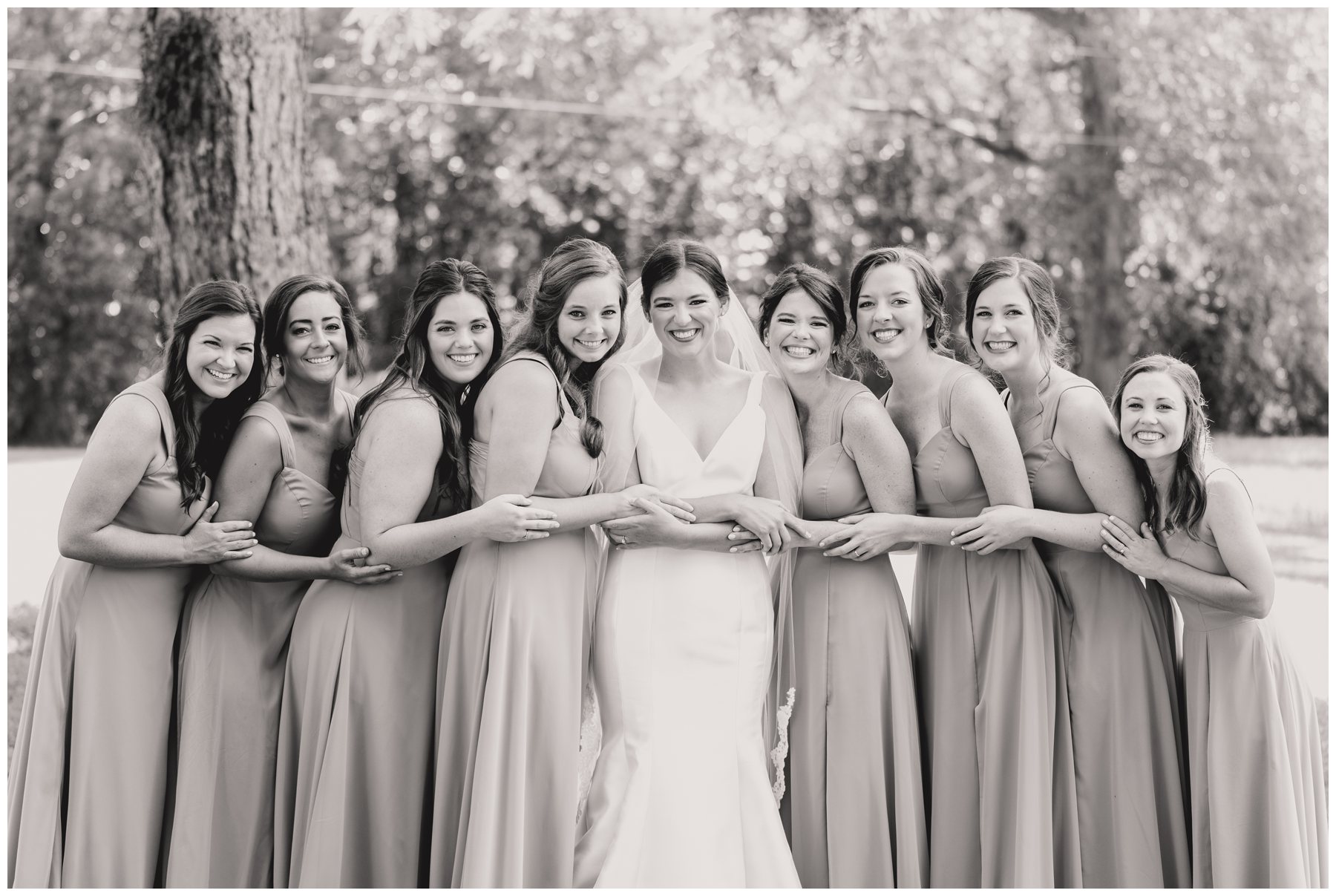 bridea and bridesmaids in black and white,