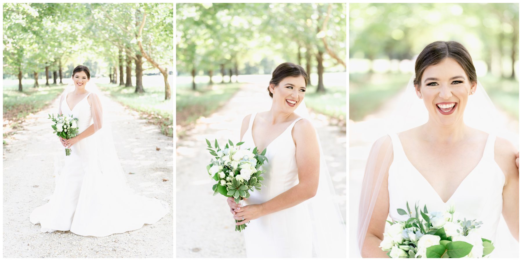 bride smiling in elegant dress with white flowers,