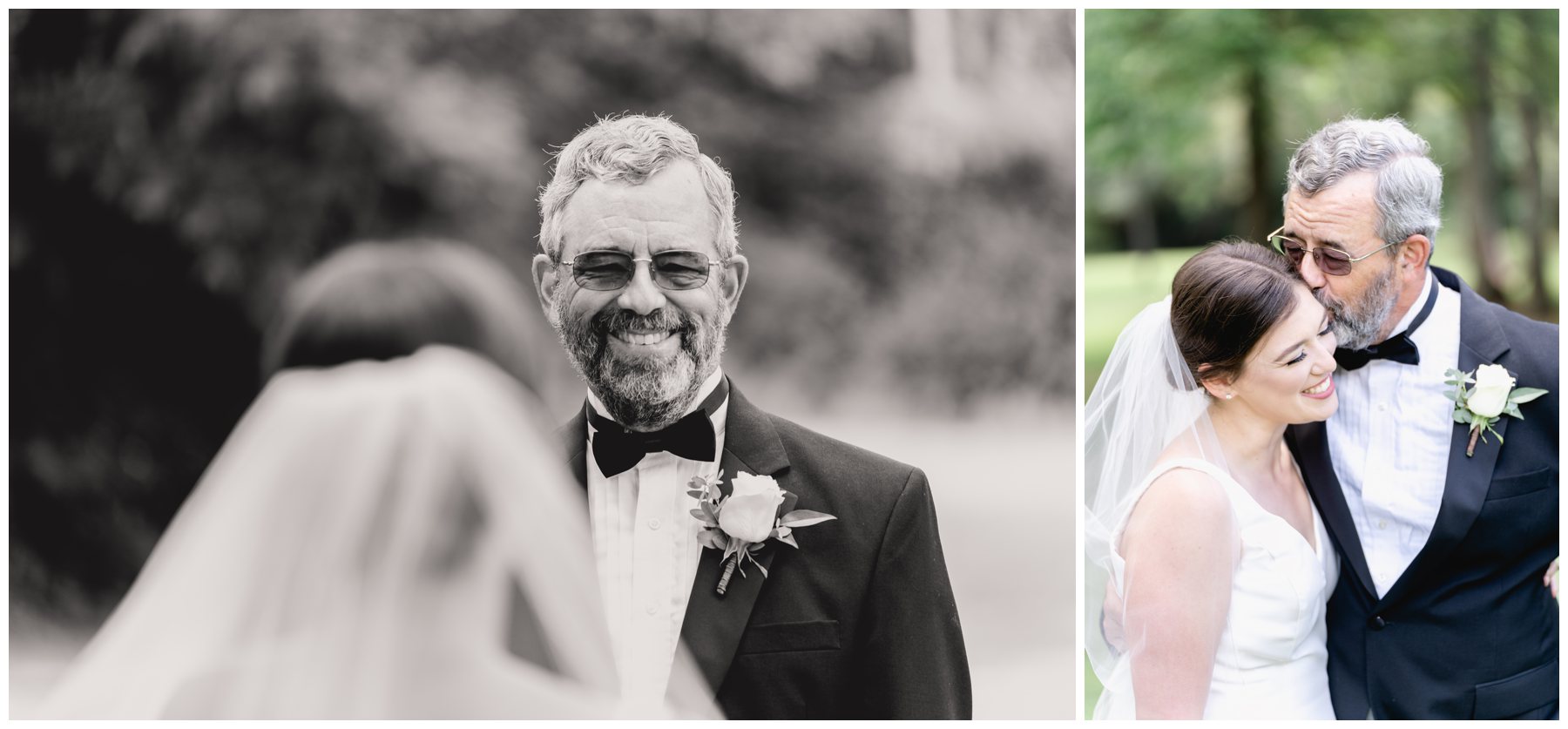 father smiling at bride in black and white,