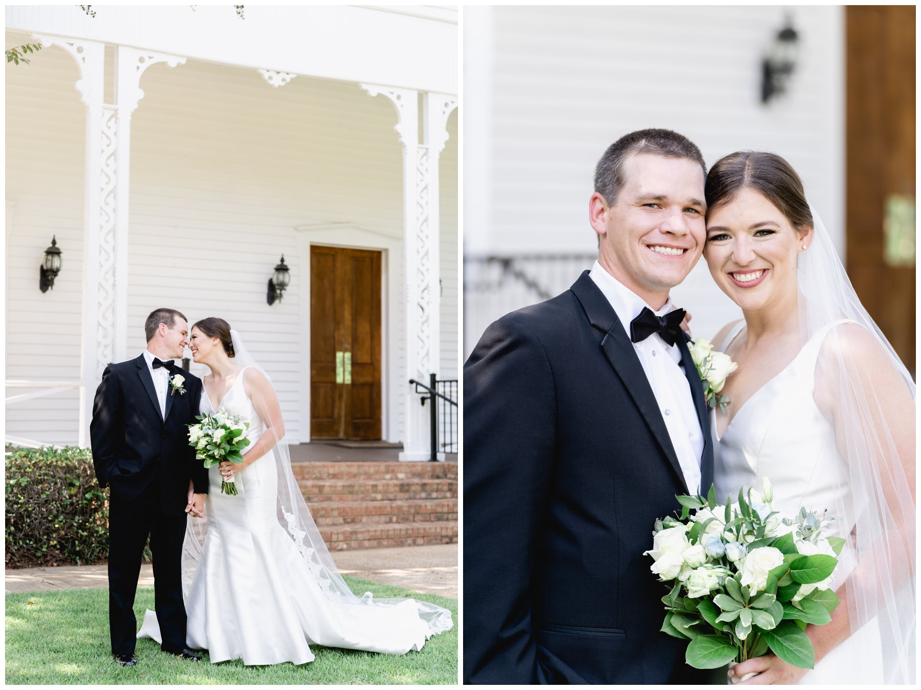 groom and bride nuzzling noses outside church in Lowndesboro AL,