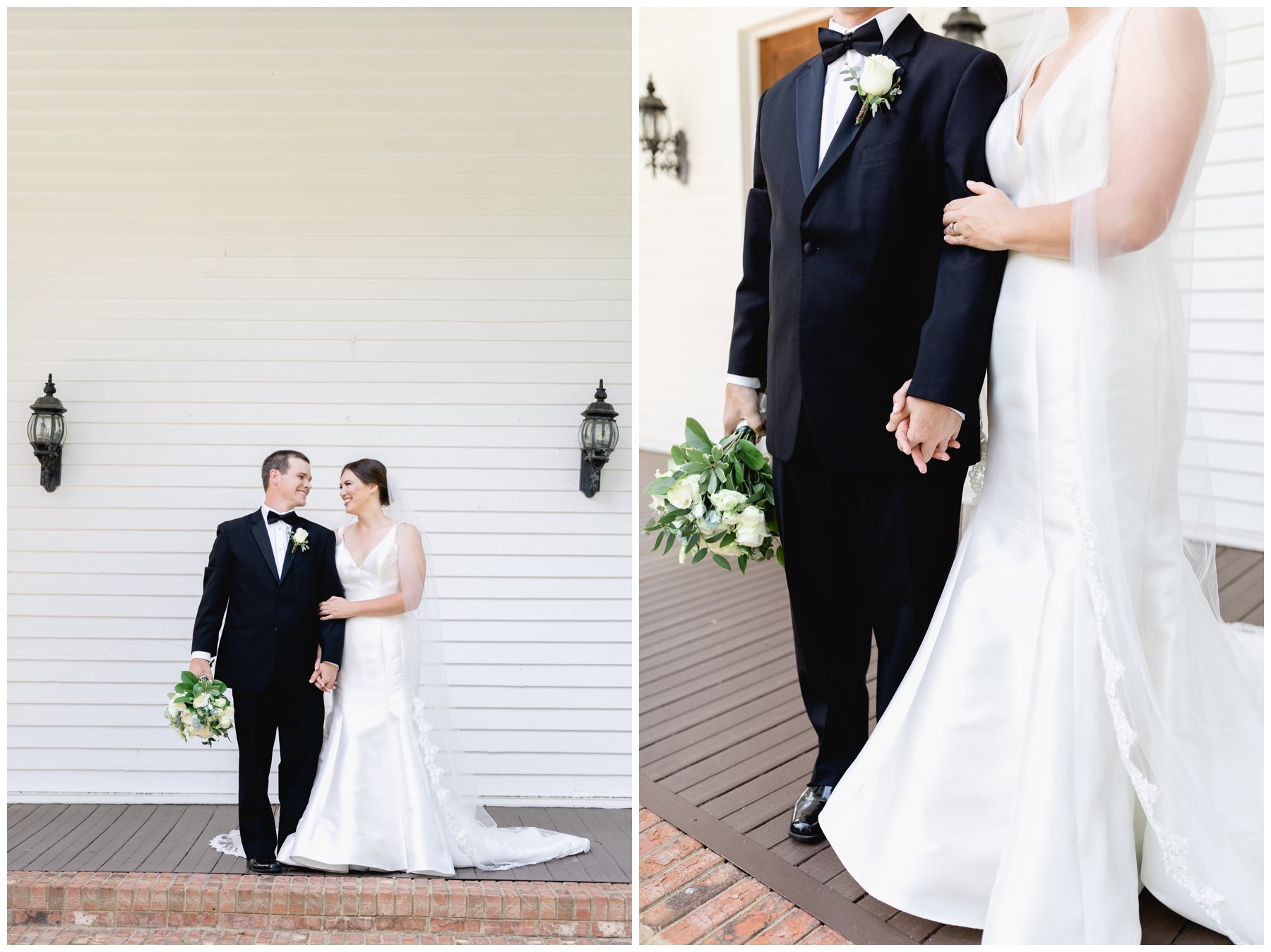 groom and bride at top of steps with groom holding white flowers,