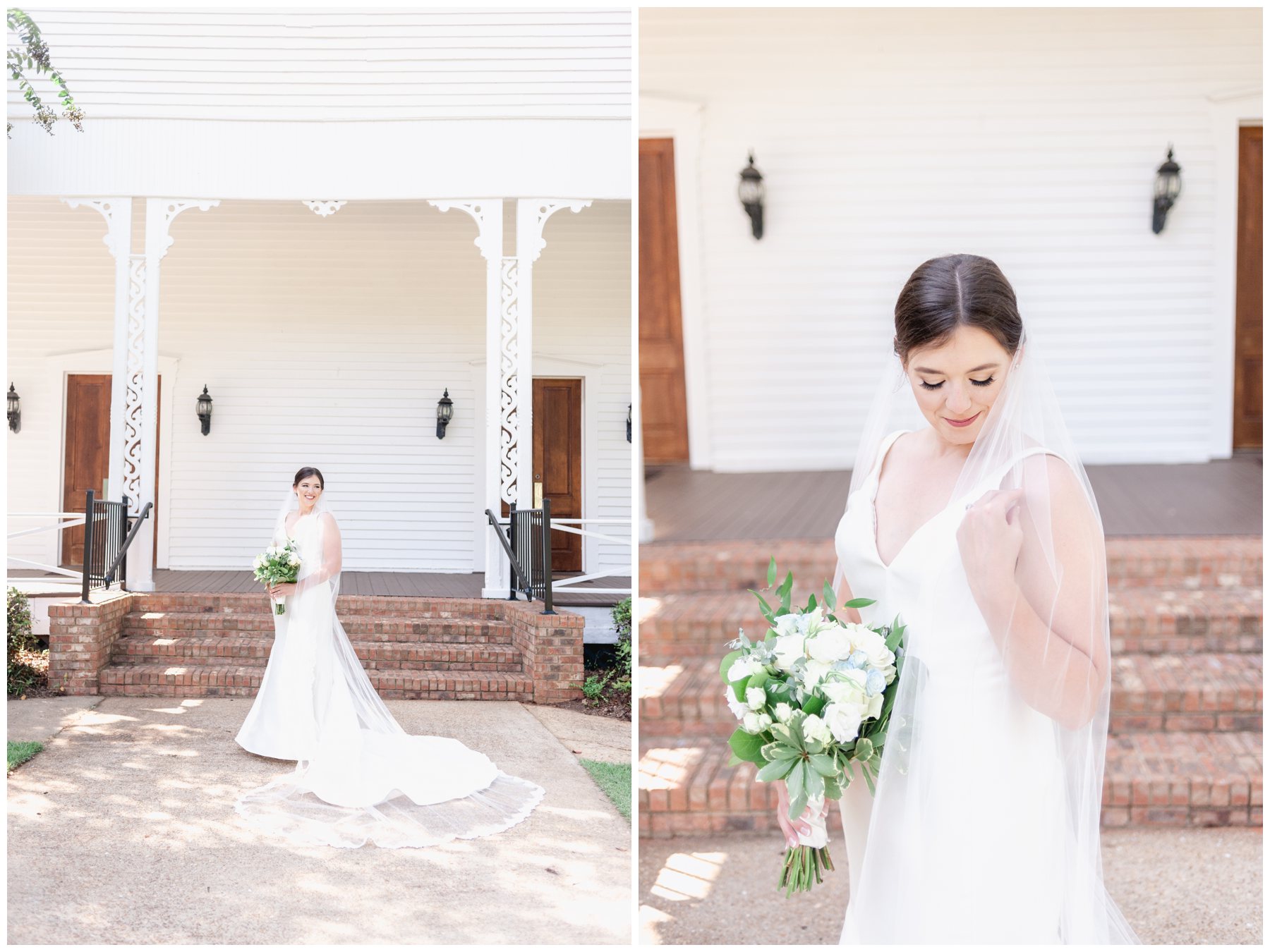 bride standing and smiling in front of Lowndesboro Baptist Church,