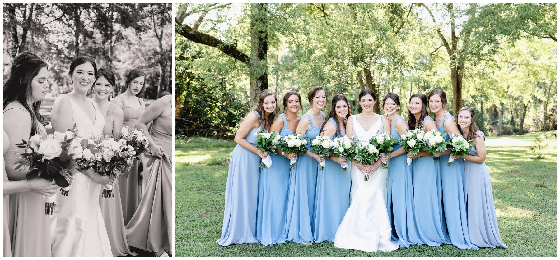 black and white of bride smiling with bridesmaids around,