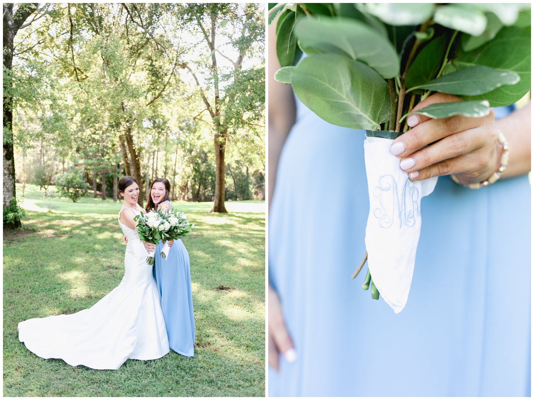 bride cheering with a bridesmaid while both hold white bouquets towards camera,