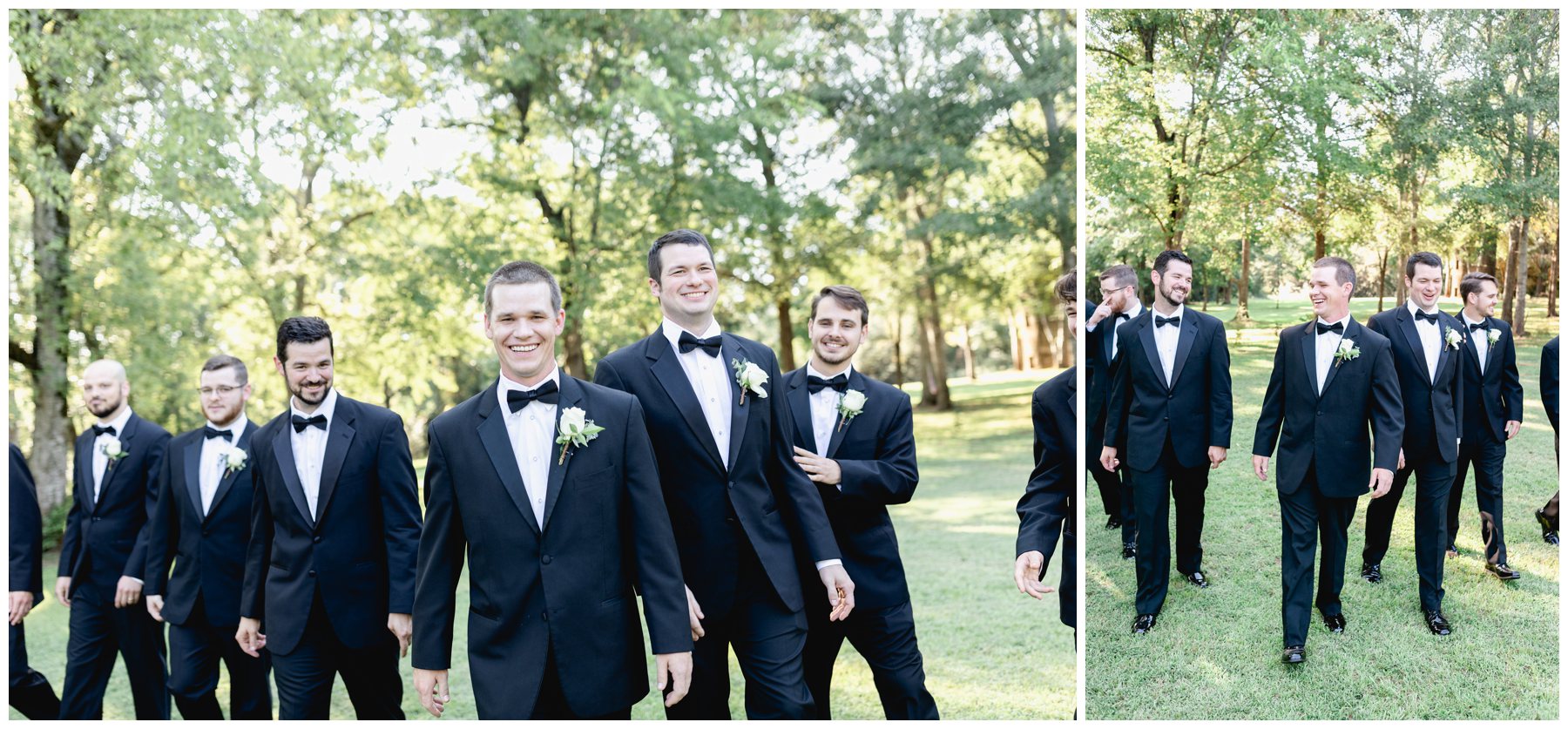 groomsmen walking towards camera laughing,