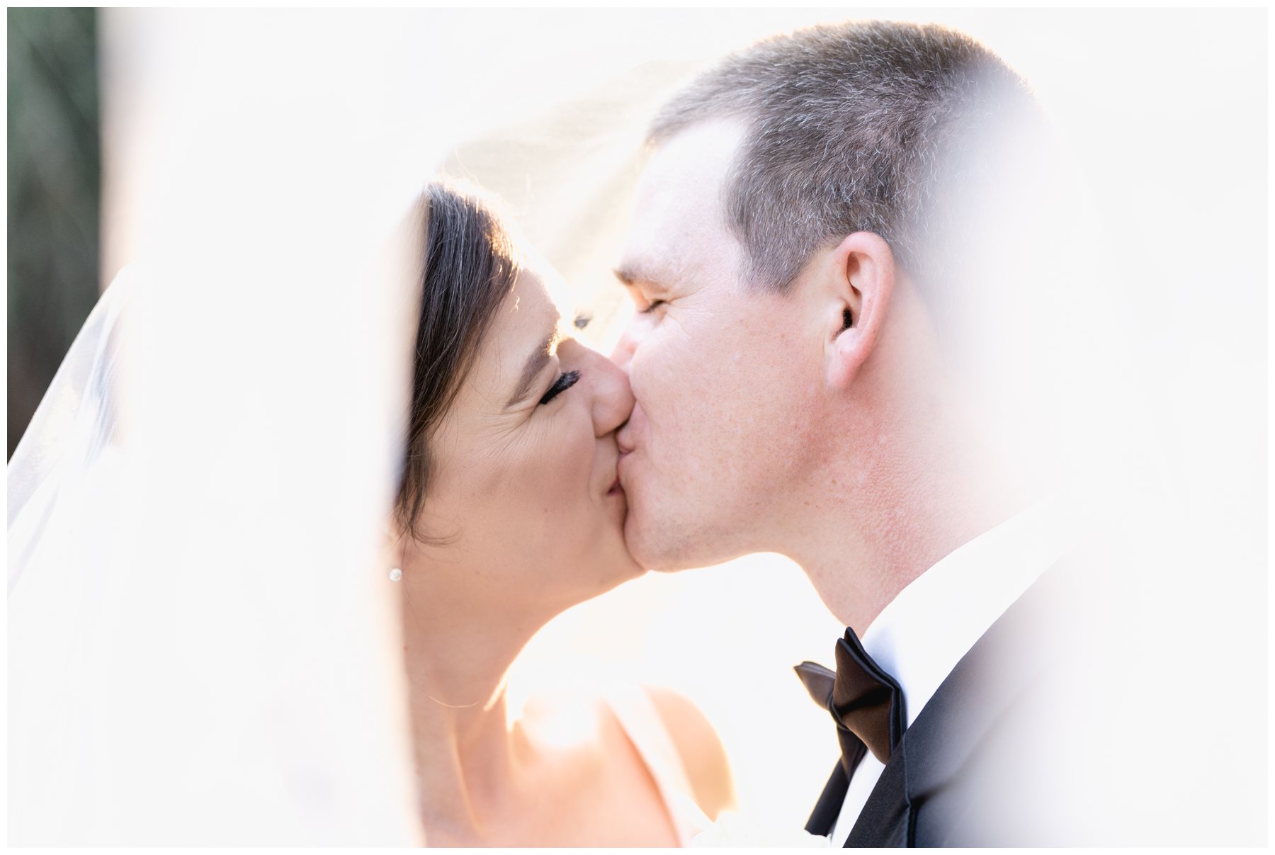 bride and groom kising under veil,