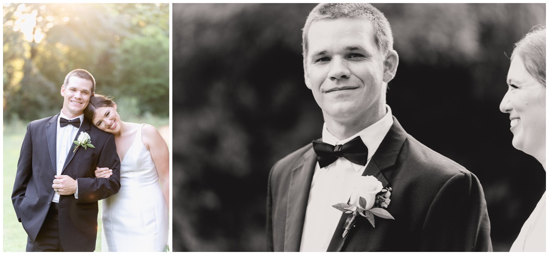 bride and groom smiling at camera while bride's head rests on groom's shoulder,