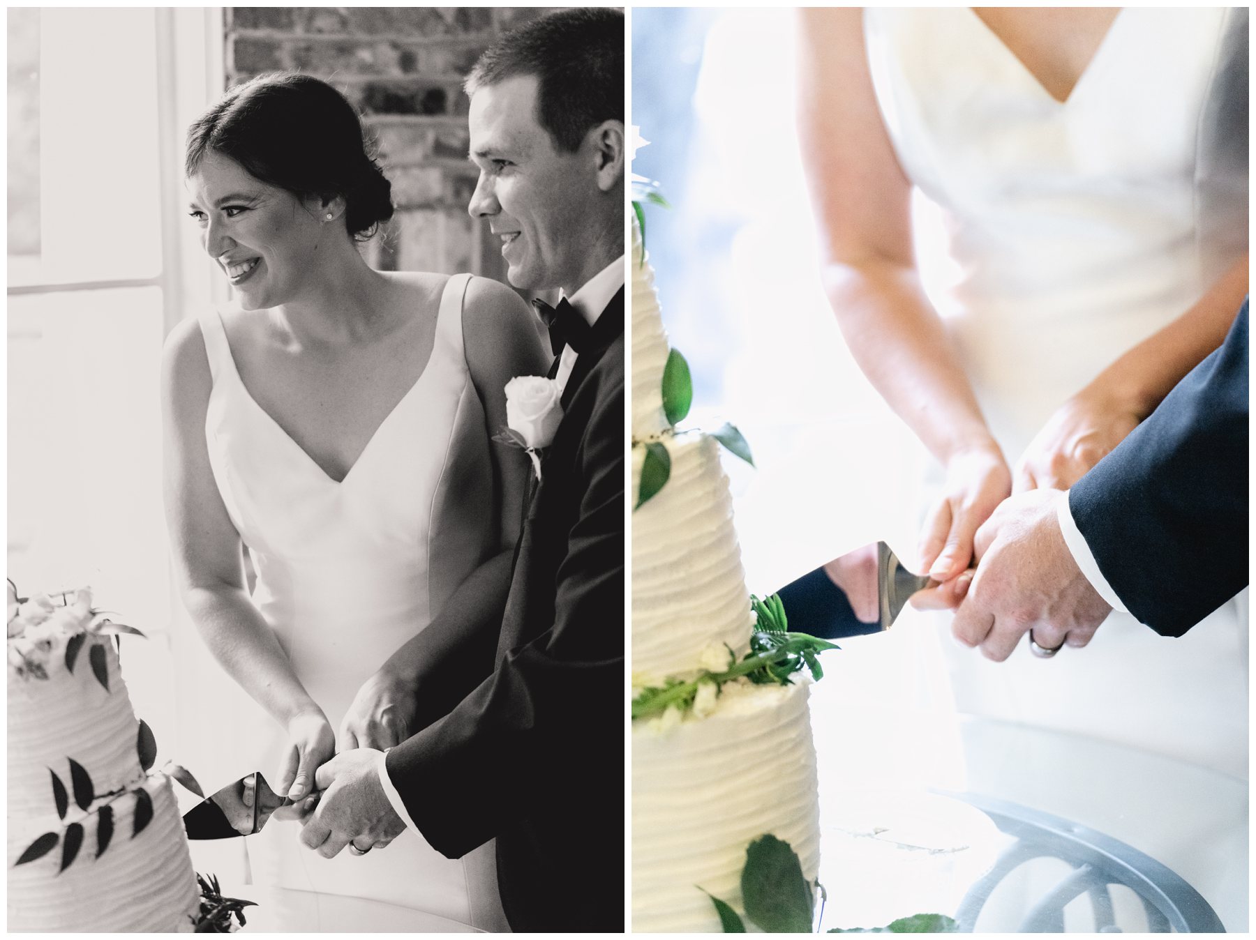 black and white of bride and groom cutting cake,