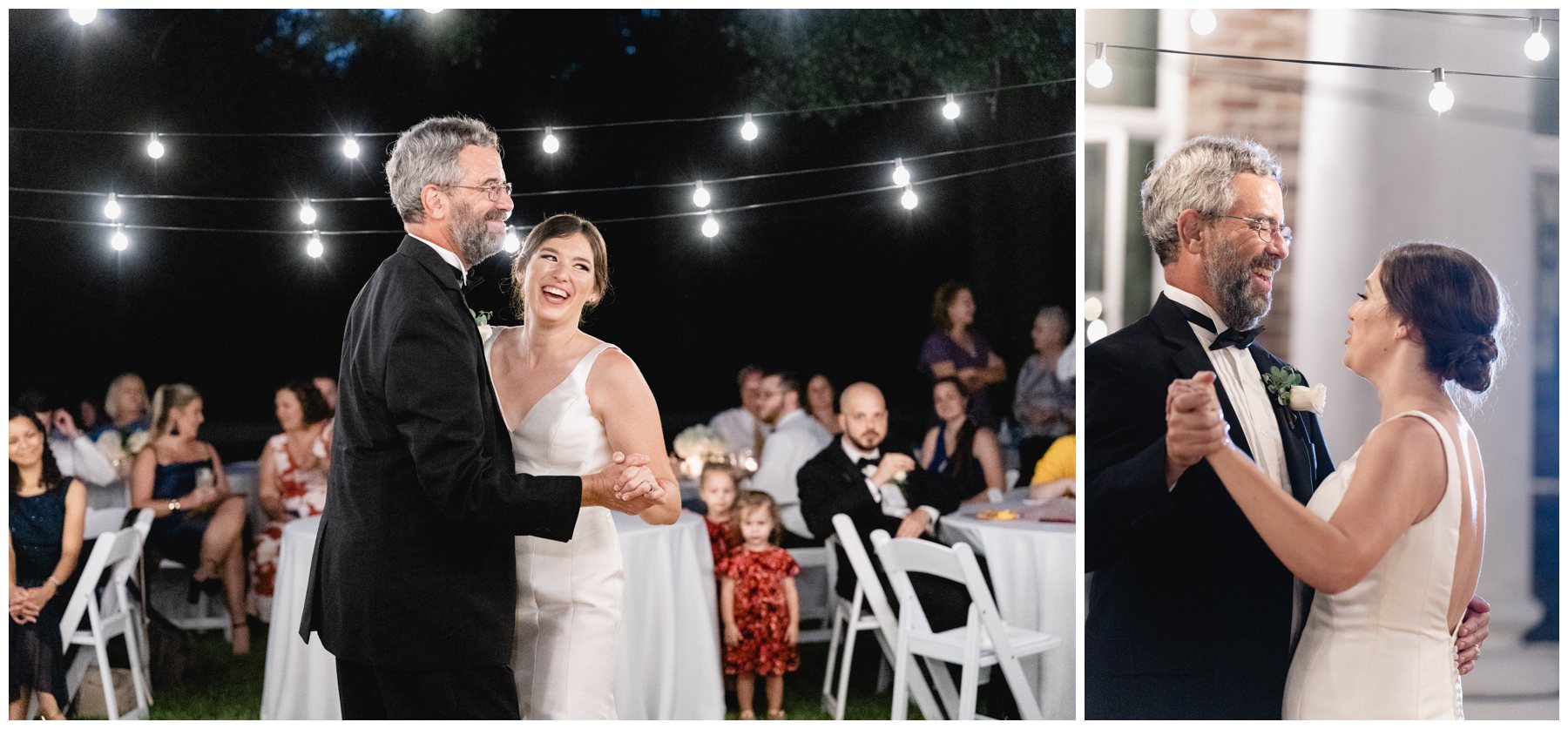 bride laughing while dancing with father,